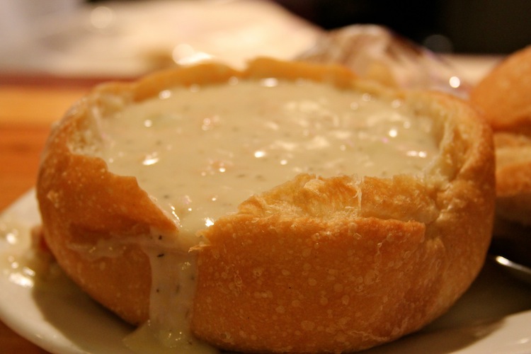 Clam chowder in a bread bowl in Santa Barbara